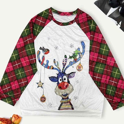 Plus Size Reindeer Graphic Plaid Long Sleeve T-Shirt
