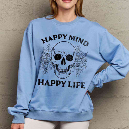 Simply Love Simply Love Full Size HAPPY MIND HAPPY LIFE SKULL Graphic Sweatshirt