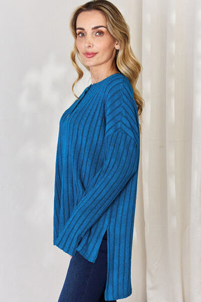 Basic Bae Full Size Ribbed Half Button Long Sleeve High-Low T-Shirt - Vickie Lynn's