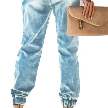Women's Jeans With Ripped Drawstring Elastic Waist And Washed
