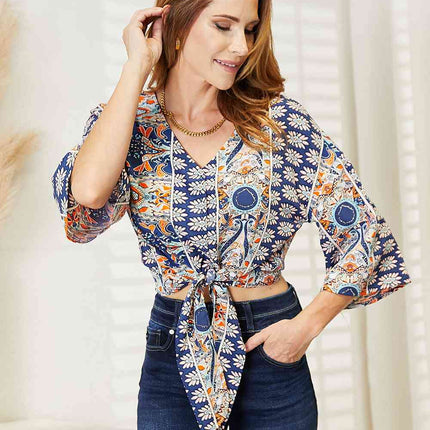 Double Take Tie Hem V-Neck Three-Quarter Sleeve Blouse - Vickie Lynn's