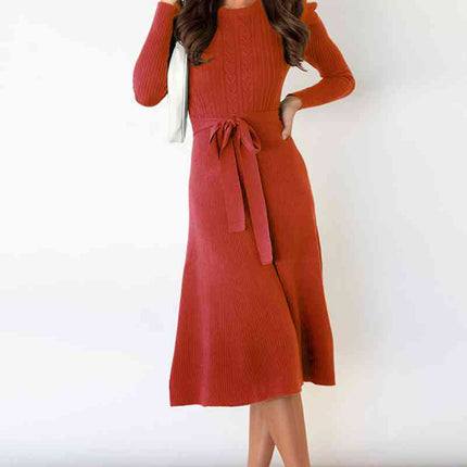 Round Neck Long Sleeve Tie Waist Sweater Dress