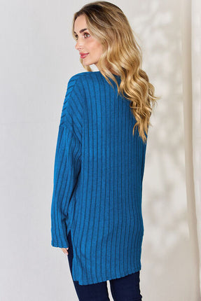 Basic Bae Full Size Ribbed Half Button Long Sleeve High-Low T-Shirt - Vickie Lynn's
