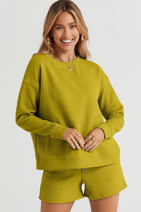 Double Take Full Size Texture Long Sleeve Top and Drawstring Shorts Set - Vickie Lynn's