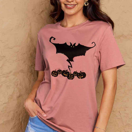 Simply Love Full Size Bat & Pumpkin Graphic Cotton T-Shirt