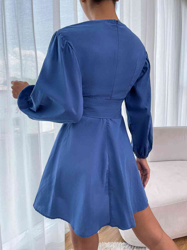 Round Neck Tie Waist Long Sleeve Mini Dress