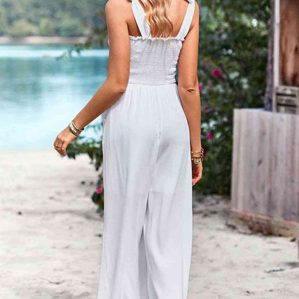 Frill Trim Tie Shoulder Wide Leg Jumpsuit with Pockets