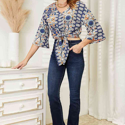 Double Take Tie Hem V-Neck Three-Quarter Sleeve Blouse - Vickie Lynn's