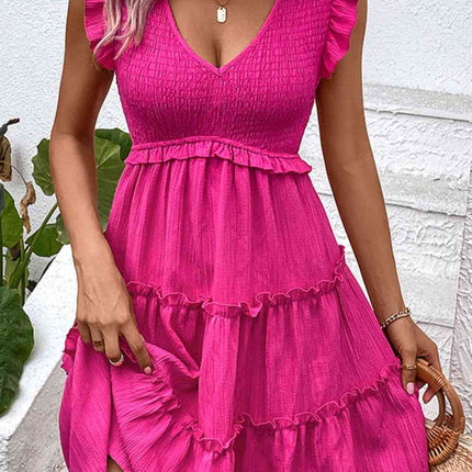 Smocked Frill Trim Deep V Dress