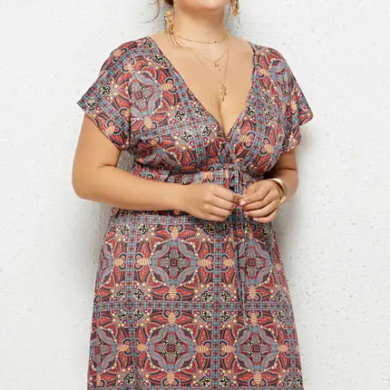 Women's Plus Size Deep V Print Dress