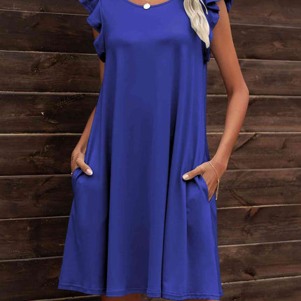 Round Neck Flutter Sleeve Dress with Pockets