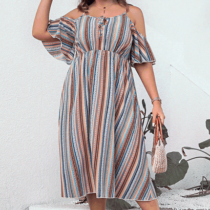 Plus Size Striped Cold-Shoulder Dress