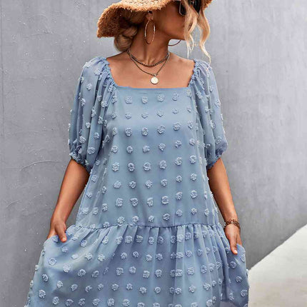 Swiss Dot Square Neck Half Balloon Sleeve Dress