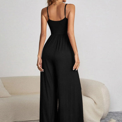 Decorative Button Spaghetti Strap Wide Leg Jumpsuit