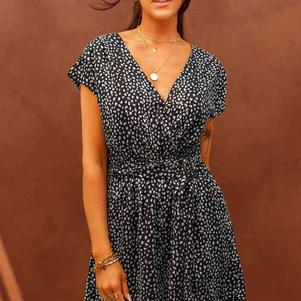 Printed Short Sleeve Romper with Belt - Vickie Lynn's