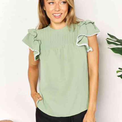 Double Take Pleated Detail Flutter Sleeve Blouse