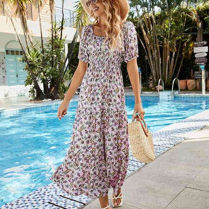 Printed Square Neck Short Sleeve Midi Dress - Vickie Lynn's