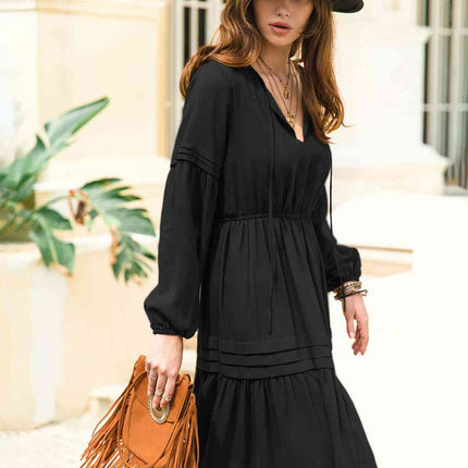 Tie Neck Long Sleeve Midi Tiered Dress