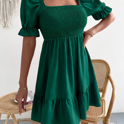 Smocked Square Neck Short Sleeve Dress
