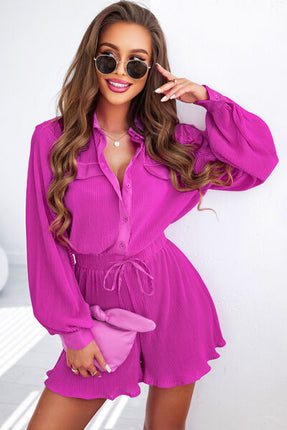 Pleated Half Button Drawstring Romper