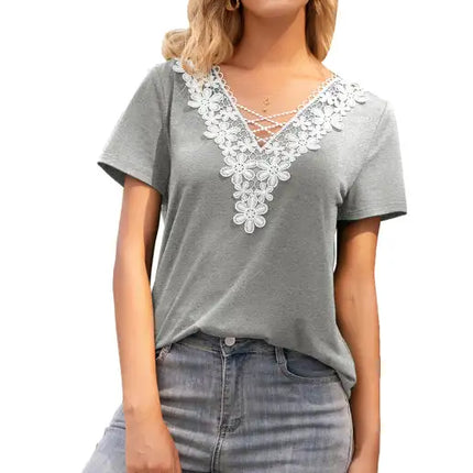 Women's Sexy Deep V Neck Cutout Lace Panel T-Shirt