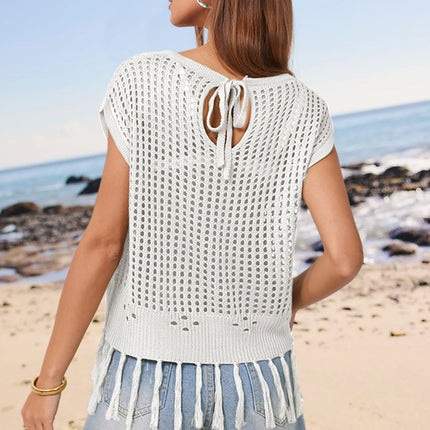 Openwork Cap Sleeve Knit Cover Up with Tassel