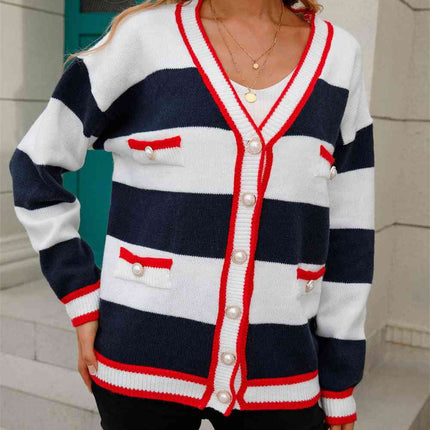 Color Block V-Neck Long Sleeve Cardigan