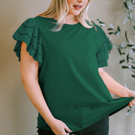 Plus Size Eyelet Round Neck Short Sleeve Blouse