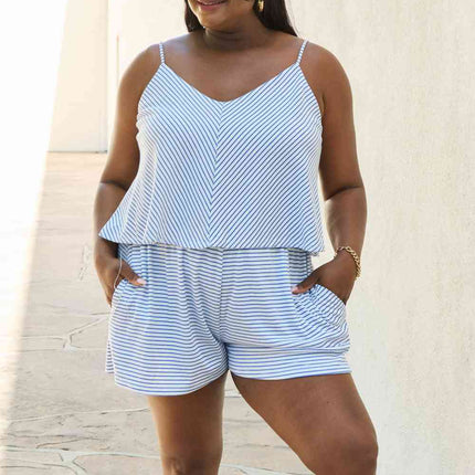 Culture Code Let It Happen Full Size Double Flare Striped Romper in Cobalt Blue