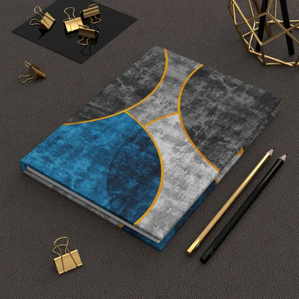 Stationary, Hardcover Journal Notebook - lined pages, Black Blue Grey Circular Geometric Pattern Print