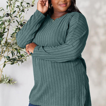 Basic Bae Full Size Ribbed Round Neck Long Sleeve Slit Top - Vickie Lynn's