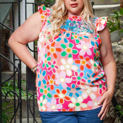 Plus Size Floral Ruffle Shoulder Tank