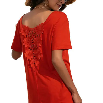 Camiseta casual de manga corta con cuello en V y encaje para mujer 