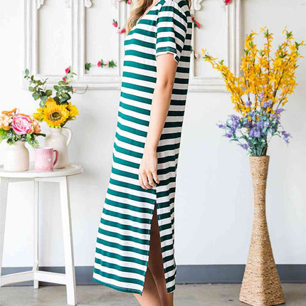 Striped V-Neck Short Sleeve Side Slit Dress