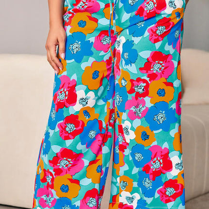 Plus Size Floral Drawstring Wide Leg Pants with Pockets