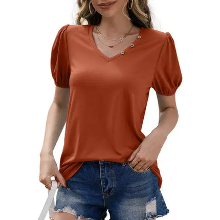 Women's Loose V-Neck Pullover Short Sleeve T-Shirt Solid Color Puff Sleeve Top