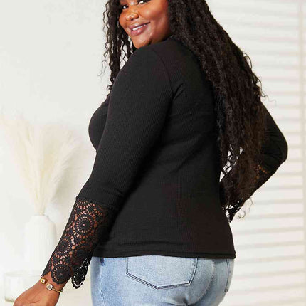 Double Take Crochet Lace Hem Sleeve Button Top - Vickie Lynn's