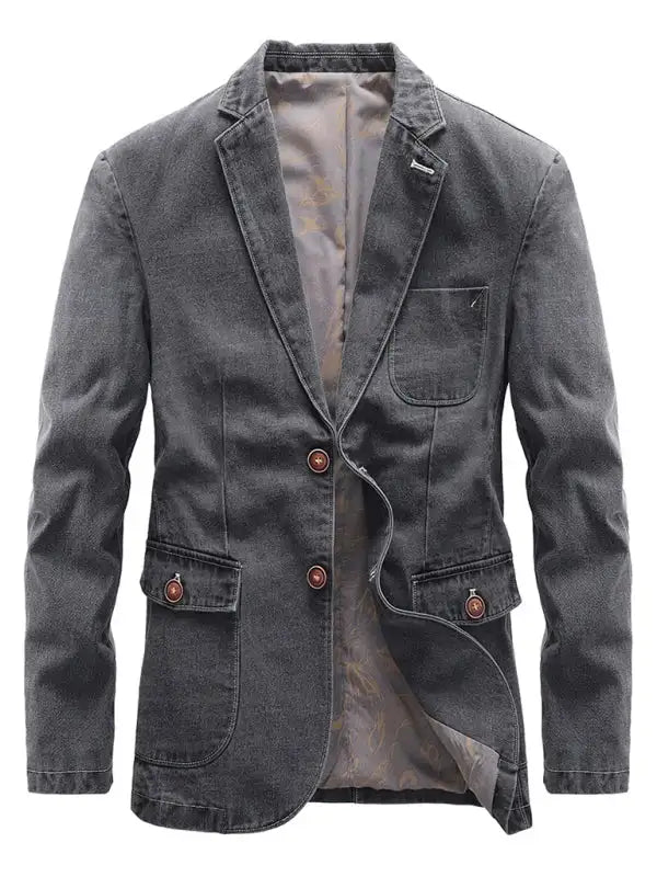 Chaqueta de traje casual con múltiples bolsillos de mezclilla suelta para hombre 