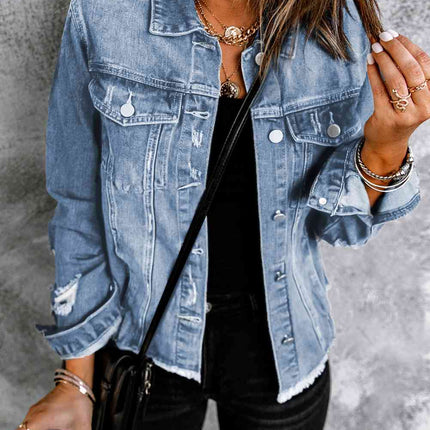 Distressed Raw Hem Denim Jacket - Vickie Lynn's