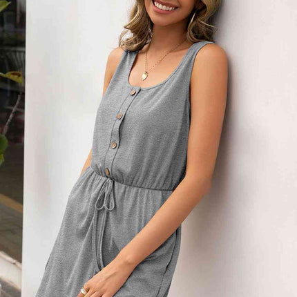 Buttoned Round Neck Sleeveless Romper