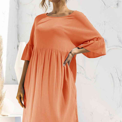 Boat Neck Flounce Sleeve Knee-Length Dress