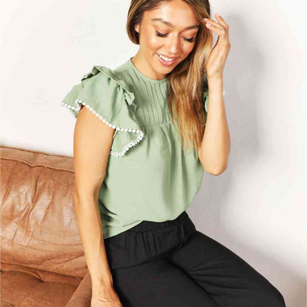 Double Take Pleated Detail Flutter Sleeve Blouse