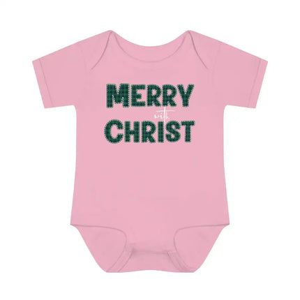 Short Sleeve Baby Onesie for Infants and Toddlers, Merry With Christ, Green Plaid Christmas Holiday Pattern Print