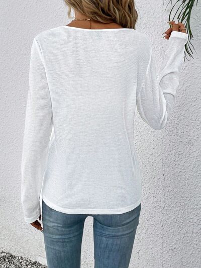 Waffle-Knit Lace Detail V-Neck Long Sleeve T-Shirt