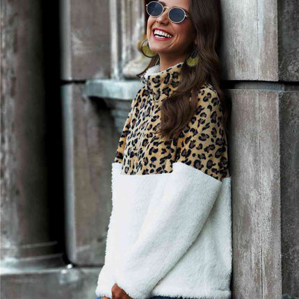 Leopard Color Block Half-Zip Collar Teddy Sweatshirt
