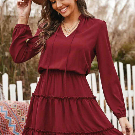 Tied Frill Trim Puff Sleeve Mini Dress