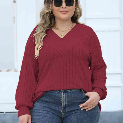 Plus Size Ribbed V-Neck Long Sleeve Top