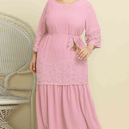 Plus Size Spliced Lace Tassel Belted Dress