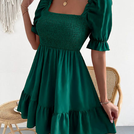 Smocked Square Neck Short Sleeve Dress