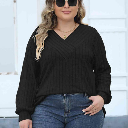 Plus Size Ribbed V-Neck Long Sleeve Top